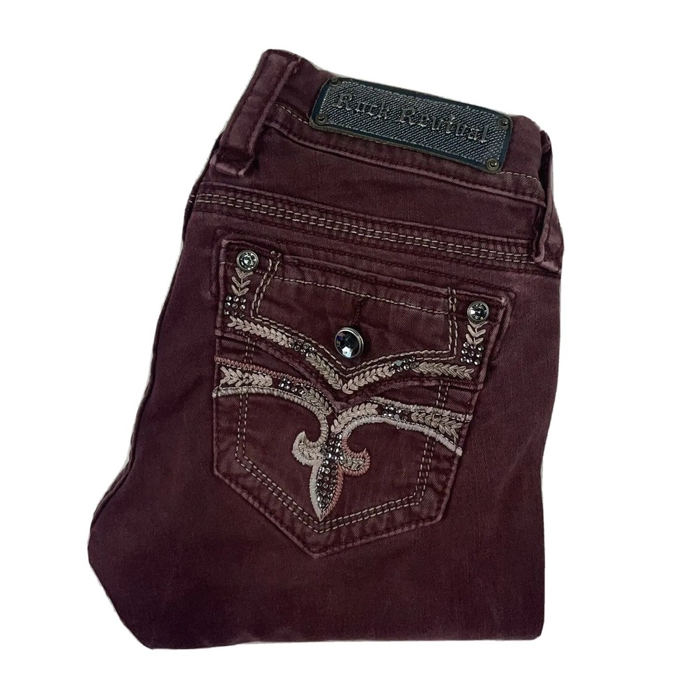 Rock Revival Celinda Skinny Jeans 26 Burgundy Embroidered Bling TE8483512R